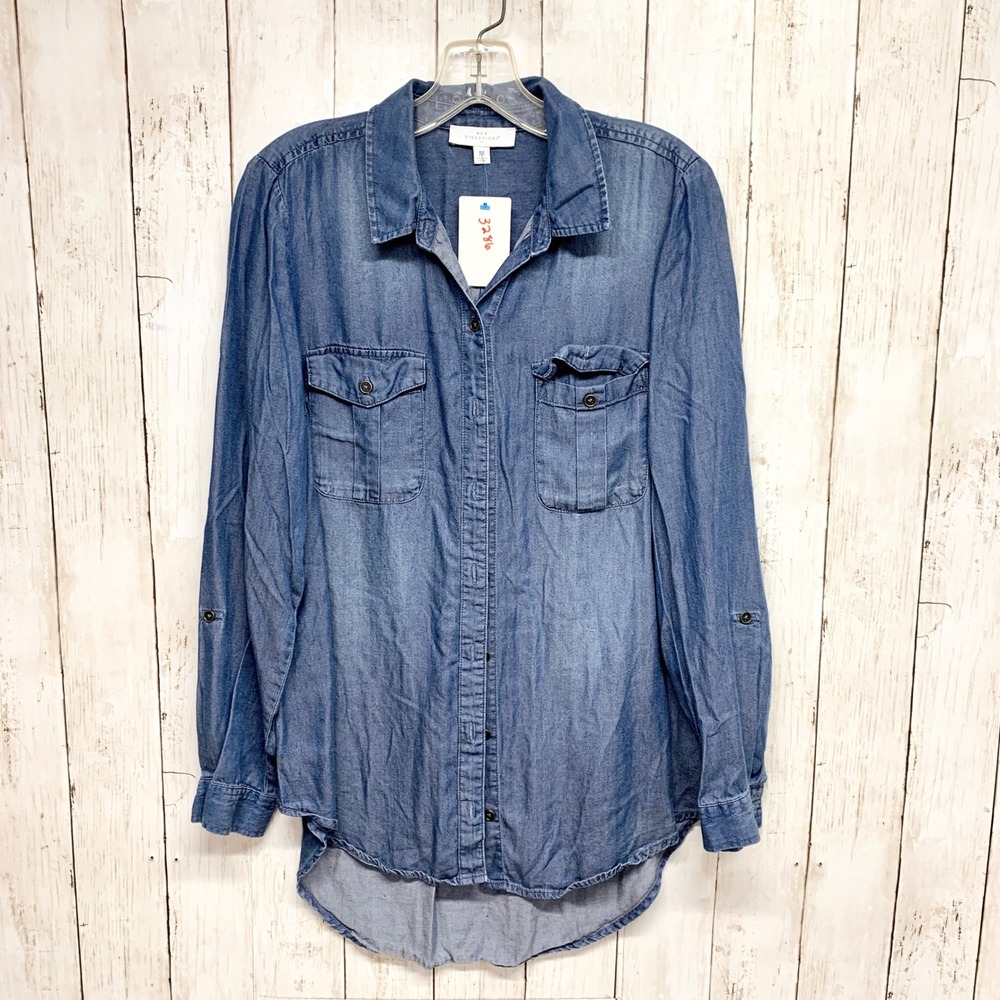 New Directions Chambray Button‎ Down Womens Size M Blue Lyocell Denim Shirt Top